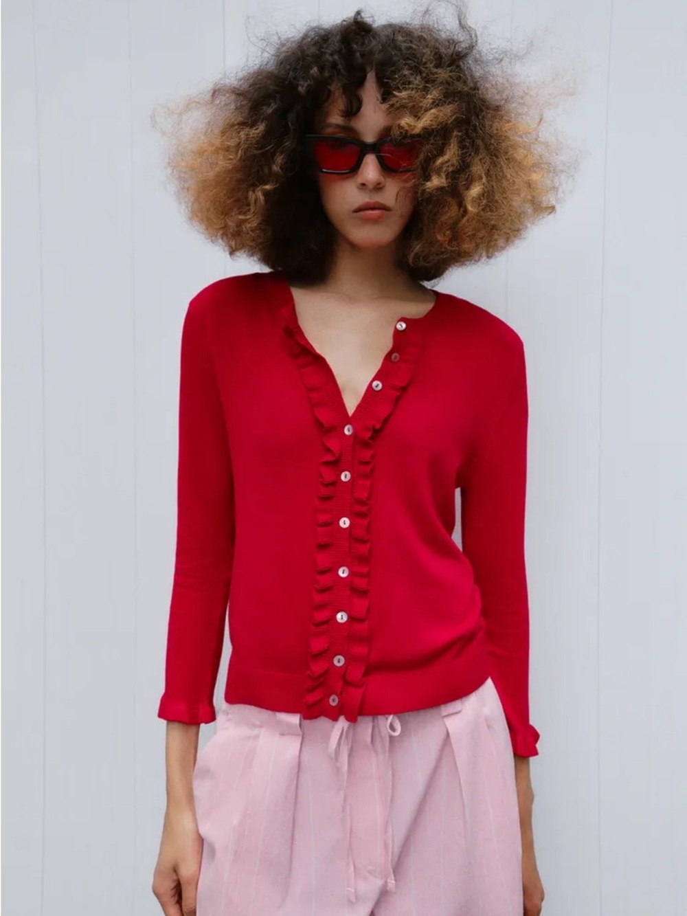 Zara KNIT CARDIGAN WITH RUFFLE TRIMS RED3433/005/600